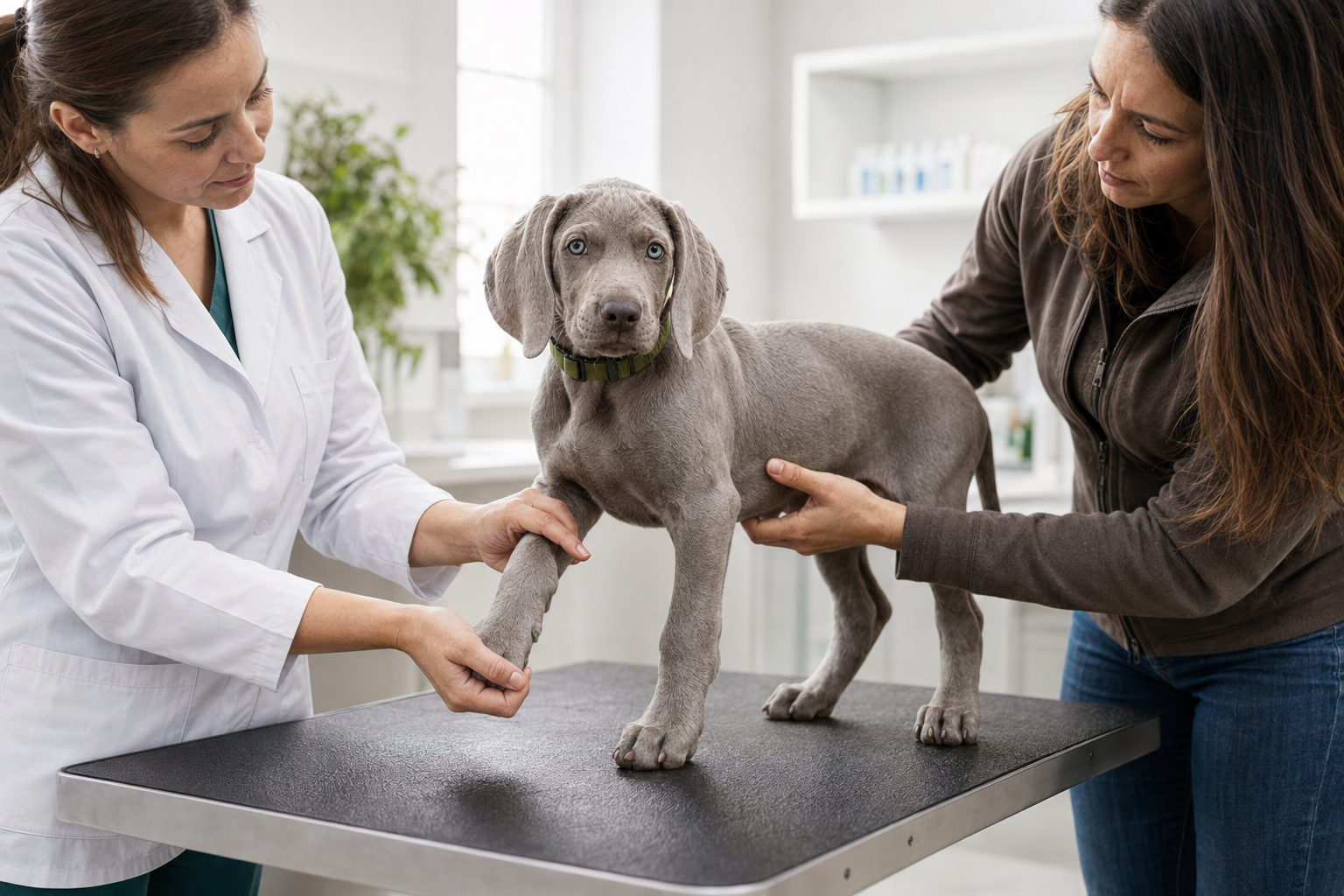 Veterinářka vyšetřuje přední nohu štěněte výmarského ohaře na stole